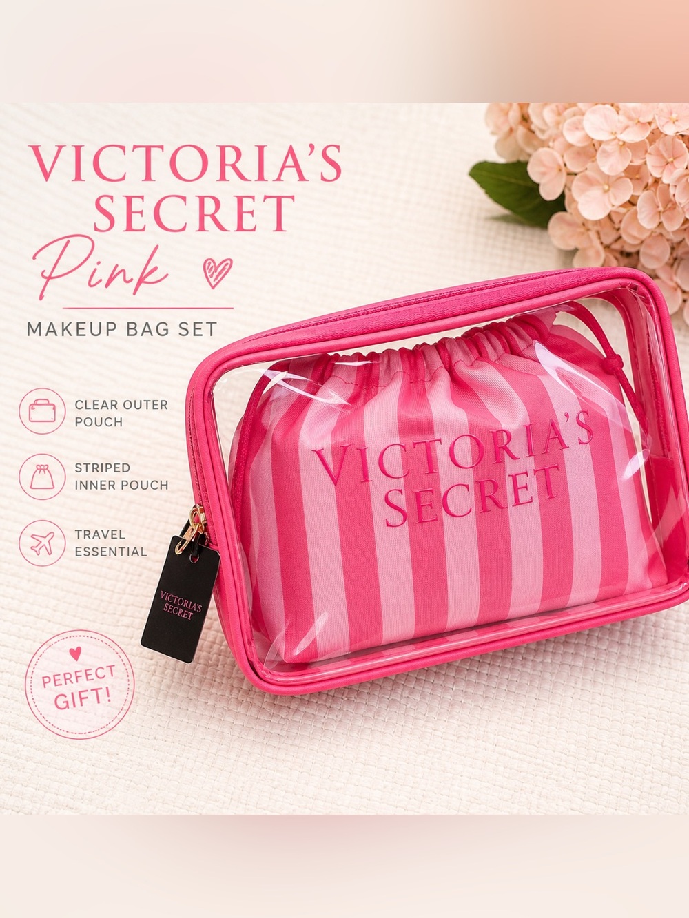 Victoria’s Secret Pink Clear Makeup Bag Set Travel Pouch Gift NWT